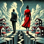 DALL·E 2024-10-12 17.00.03 – A powerful propaganda-style illustration depicting the theme of rising divorce rates in Palangka Raya, Indonesia. The scene shows a symbolic portrayal